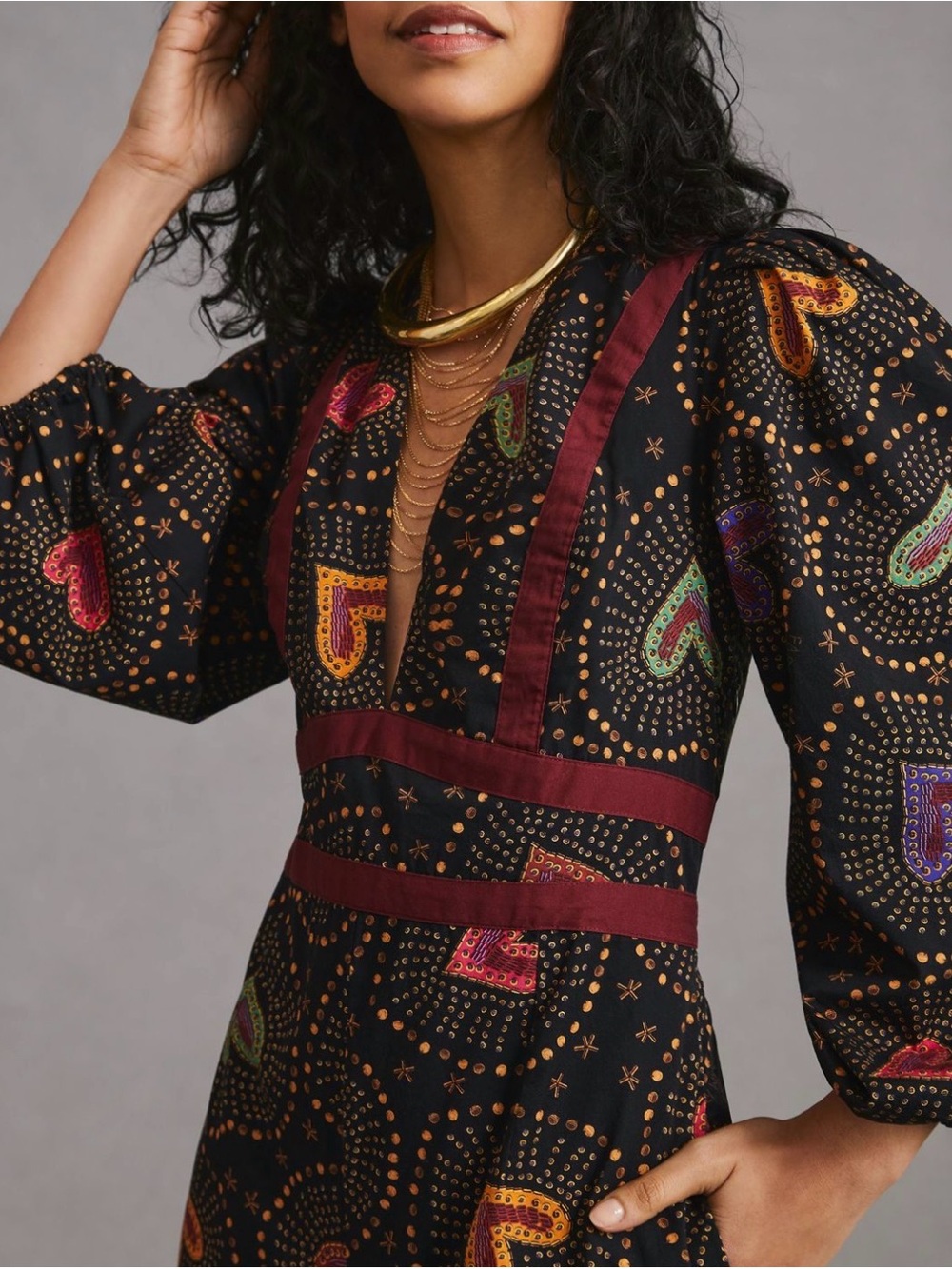 Farm Rio Anthropologie Black Jumpsuit Multicolor Heart Print and Burgundy Trim - Picture 4 of 9